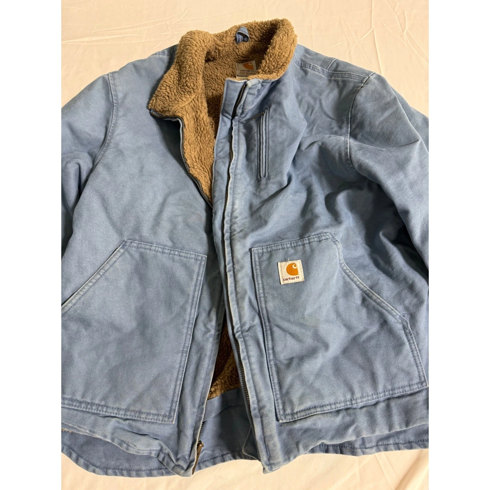 Vintage Carhartt WJ022 FHB Blue Womens Jacket Sherpa Lined Sandstone Duck Coat