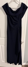 Xscape Patti Long Off the Shoulder Scuba Crepe Dress Women 10 Navy Blue Back Zip