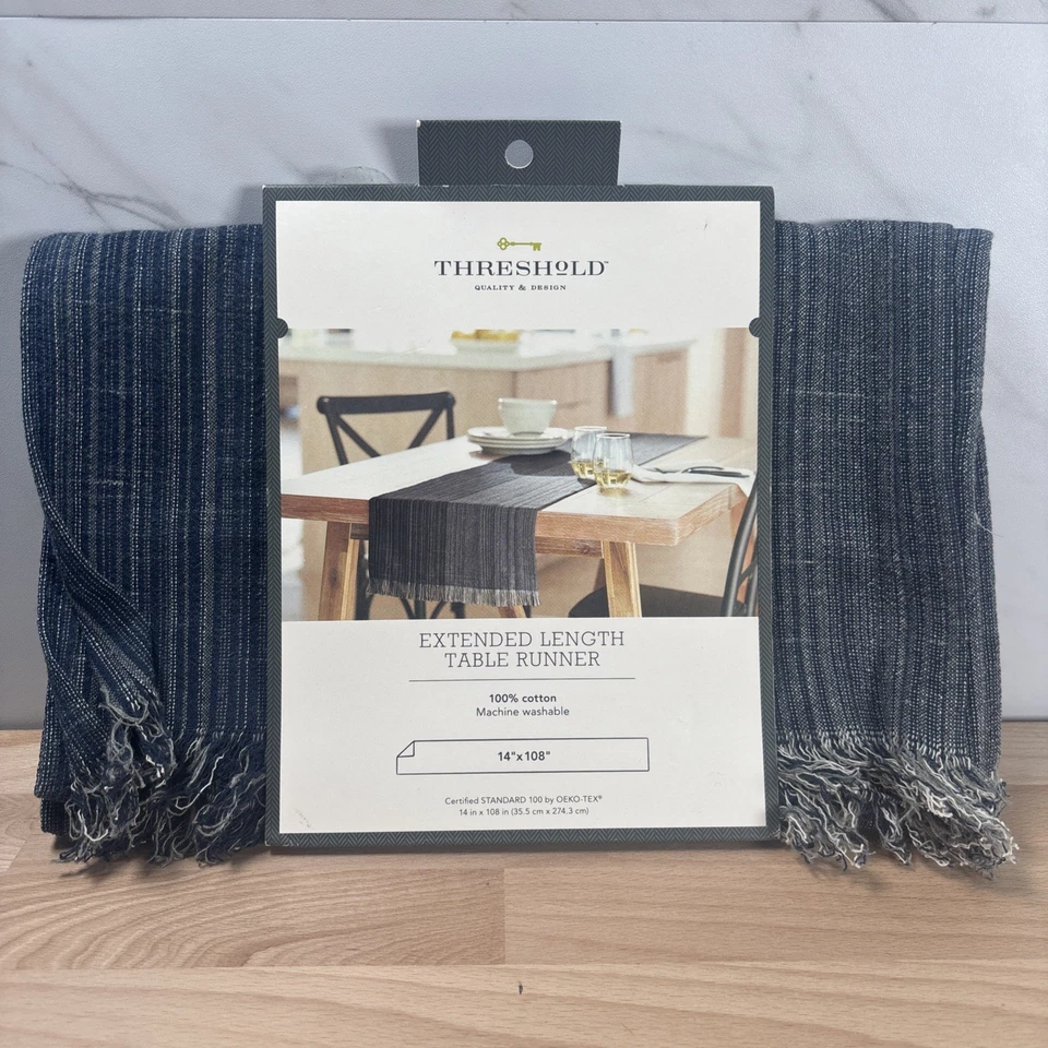 14" " 100 Cotton Striped Table Runner Navy Blue Threshold