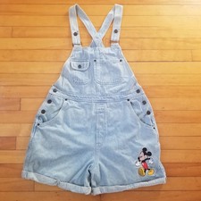 VTG 90s Walt Disney Store Mickey Mouse Denim Jean Overalls Shorts Womens M