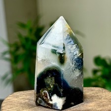 36GNatural black flower agate ObeliskQuartz Crystal Tower Healing