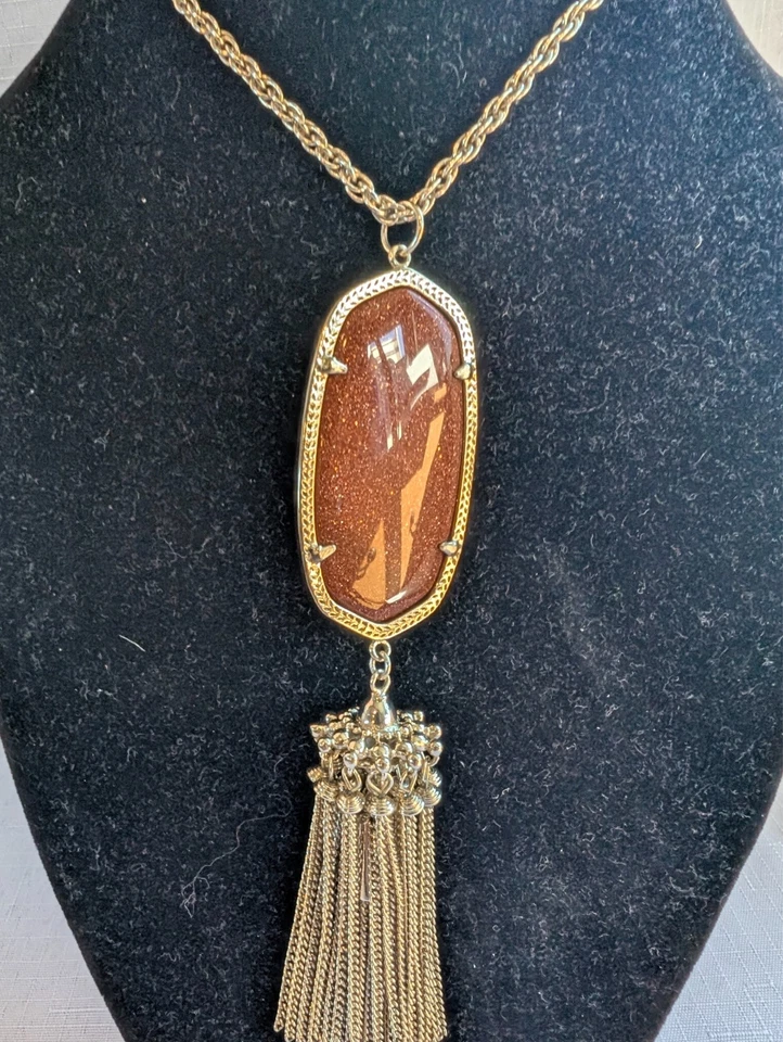 Kendra Scott Rayne Tassel Brown Drusy Necklace Long Pendant 30" - Image 3 of 4