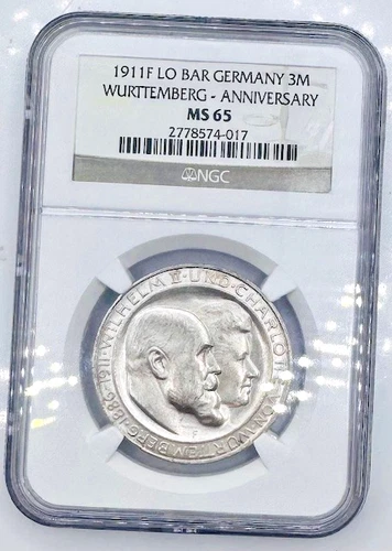 1911 German States Württemberg, 3 Mark, Wilhelm II, Wedding Anniversary NGC MS65