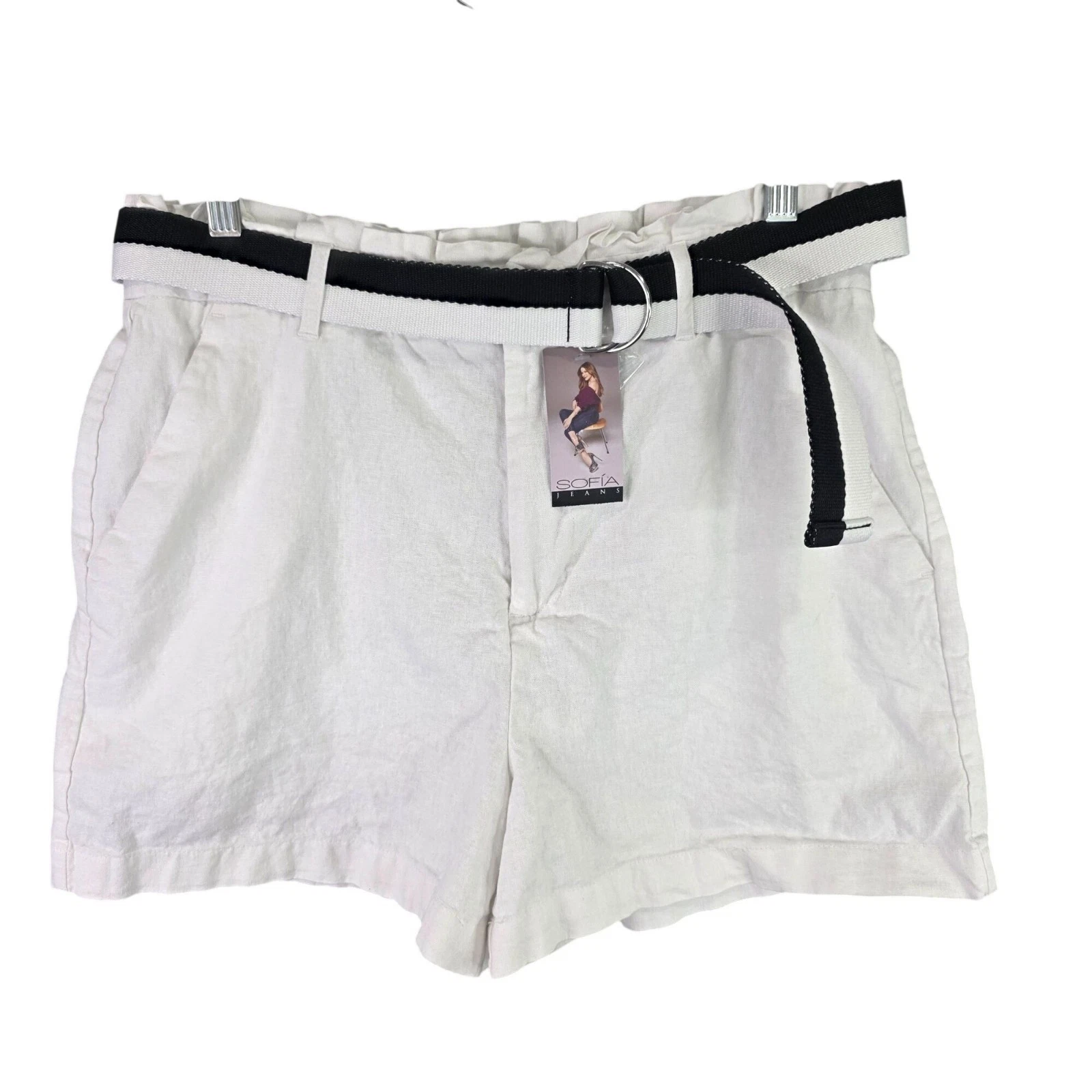 Womens Sofia Jeans White Linen Blend Belted Shorts 4" Inseam Size 12