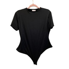 Black Short Sleeve Thong Bodysuit Women Large Stretch Crew Neck Snap Crotch NWT