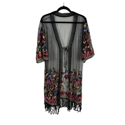 Asha Embroidered Kimono Coverup   Sheer Tassel Long Swim Duster OS