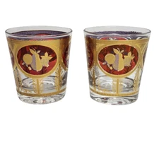 2 Vintage CERA Double Old Fashion Glasses Hollywood Regency Gold Fruit Barware