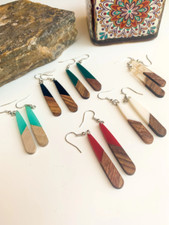 Handmade Resin and Wood Dangle Earrings - Color Block Drop earrings Multi-Color