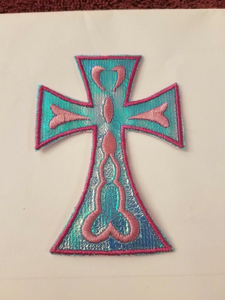 Blue & Pink Decorative Cross Patch, Religious Cross Patches - Image 2 of 4