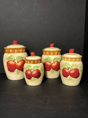 Set of 4 Cracker Barrel Susan Winget Apple Collection Basket Weave Canisters