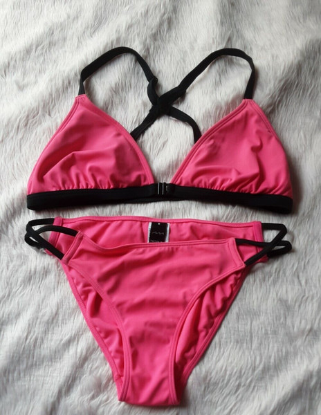 SIZE S & SIZE L BLACK WITH PINK TRIM BUCKLE FRONT RACERBACK 'FACTORIE BIKINI SET