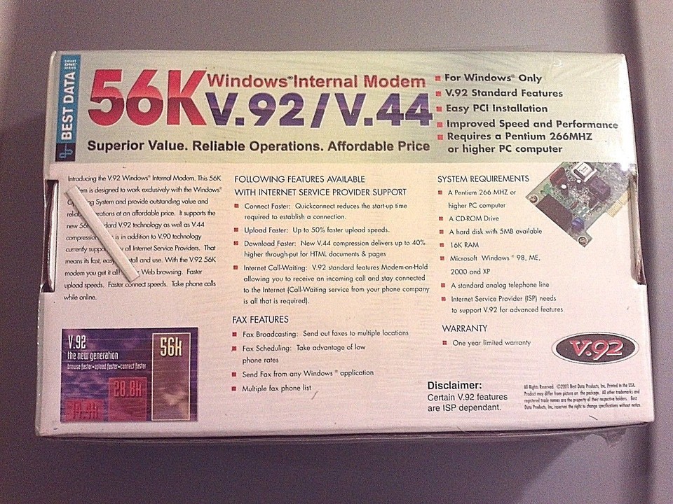 Windows Internal Modem 56K v.92/v.44 Windows 98 ME 2000 XP Model 56HP ...
