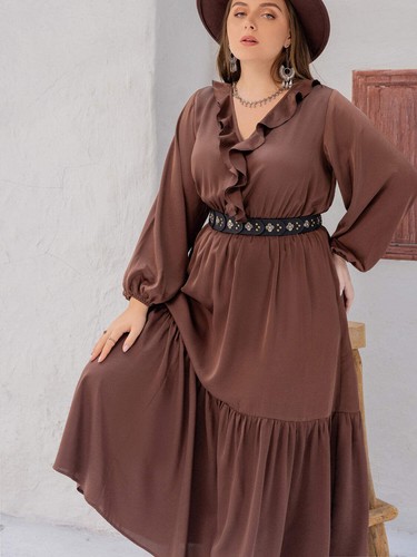 Plus Size V-Neck Ruffle Trim Maxi Dress - Picture 4 of 5