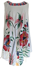 Boho Batik Tank Dress, White Floral Embroidery, One Size, Rayon India Shift