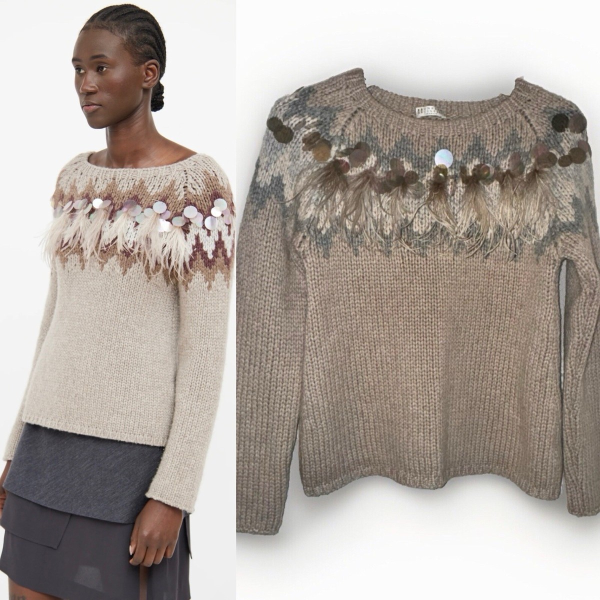 Brunello Cucinelli Sequin Feather Sweater Beige Embellished