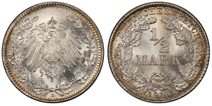 GERMANY-EMPIRE-1916-D-AR-1-2-Mark-PCGS-MS67-within-wreath-KM-17