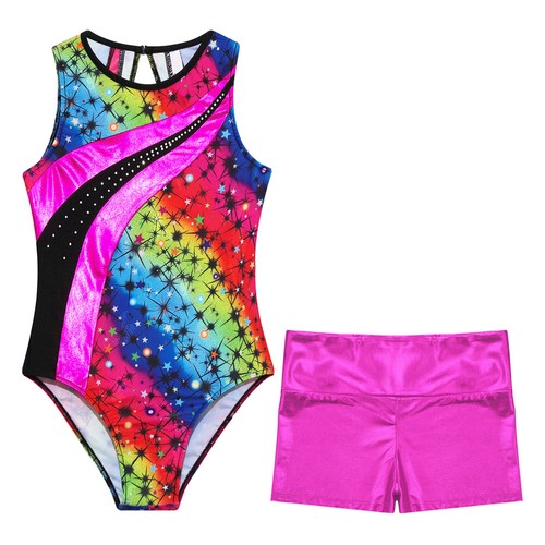 Kids Girls Dance Outfits Training Leotard Color Contrast Dancewear Glossy Yoga - Picture 9 of 73
