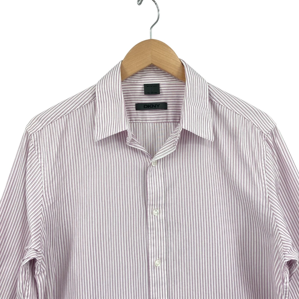 DKNY Dress Shirt Mens Large White Purple Striped Cotton Slim Fit Button Down - Image 3 of 4