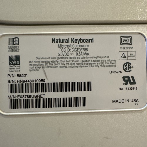 Vintage Microsoft 58221 Ergonomic PS/2 First Generation Natural Keyboard - Picture 5 of 7