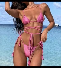 2 Piece Pink Bikini Wrap Around Tie Top Side Tie Bottoms