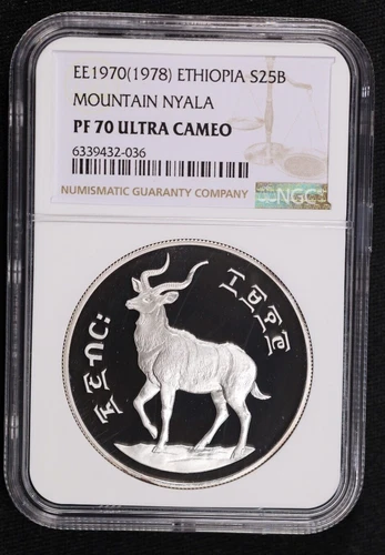 EE1970 (1978) 25 BIRR ETHIOPIA MOUNTAIN NYALA SILVER - NGC PF 70 UC