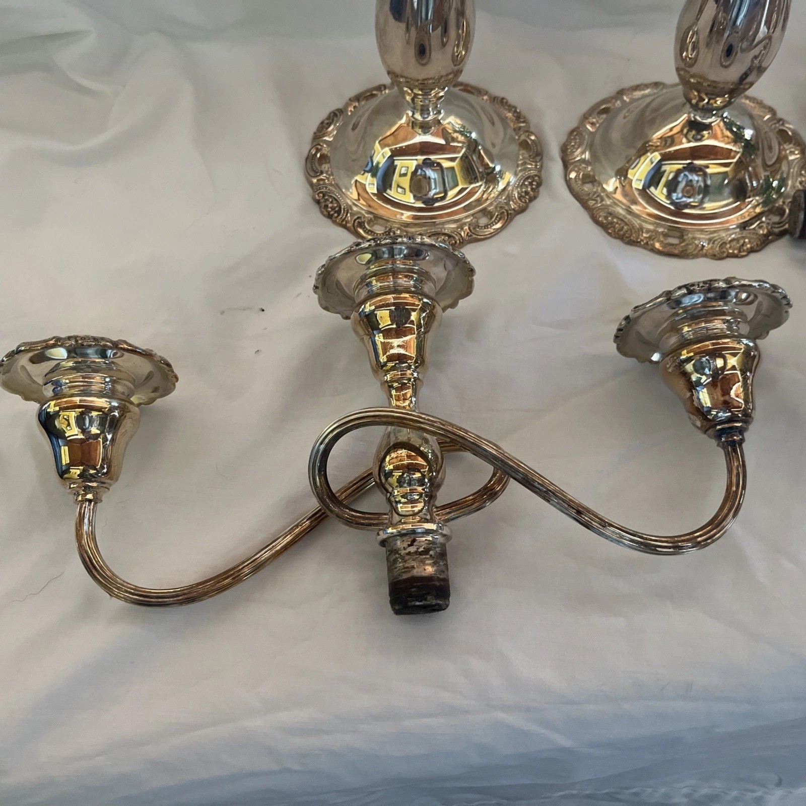 Vintage Wallace Baroque Silverplate 3 Arm Candleabras Candle Holders Set Of 2