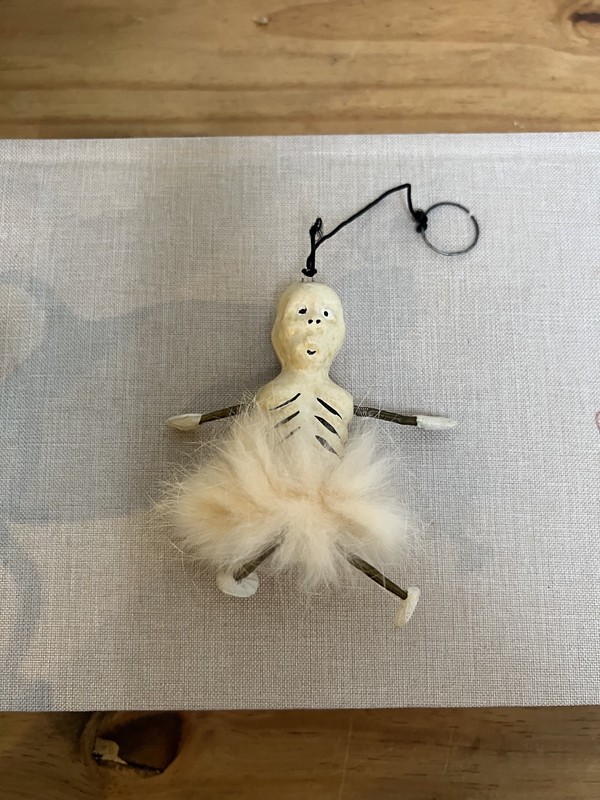 Antique Occupied Japan Skeleton Ballerina Ornament Plaster Feather Spring Legs