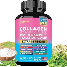 Zoyava 14-in-1 Multi Collagen Capsules Type I Ii Iii V X Biotin Keratin Ha 90ct