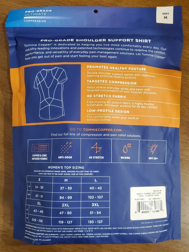 Camisa Tommie Copper Para Mujer Mediana Manga Corta Hombro Dolor de Espalda - Gris - NUEVA Foto 2 de 2