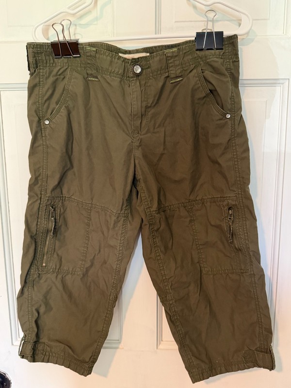 No Boundaries Women Cargo Pant Sz 11 Dk Green Gold Trim Zipper Pkts Adj Hem 0193