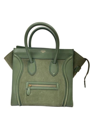 CELINE Boston Bag Luggage Tote Suede Green Plain Used