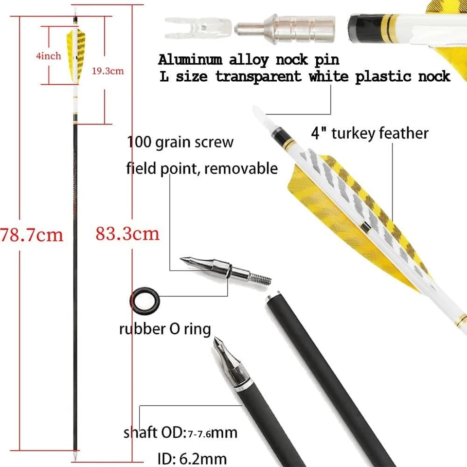 Pure Carbon Arrow 31" Archery Feather SP250-600 Compound Bow Recurve Bow Hunting - Image 2 of 4
