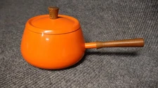 Vintage Unused 1970s Orange Aluminum Fondue Pot With Lid Teak Wood Handles MCM