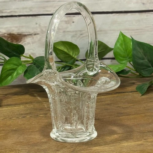 Fenton Butterfly & Berry Crystal Clear Glass Basket Embossed Marked Easter Decor