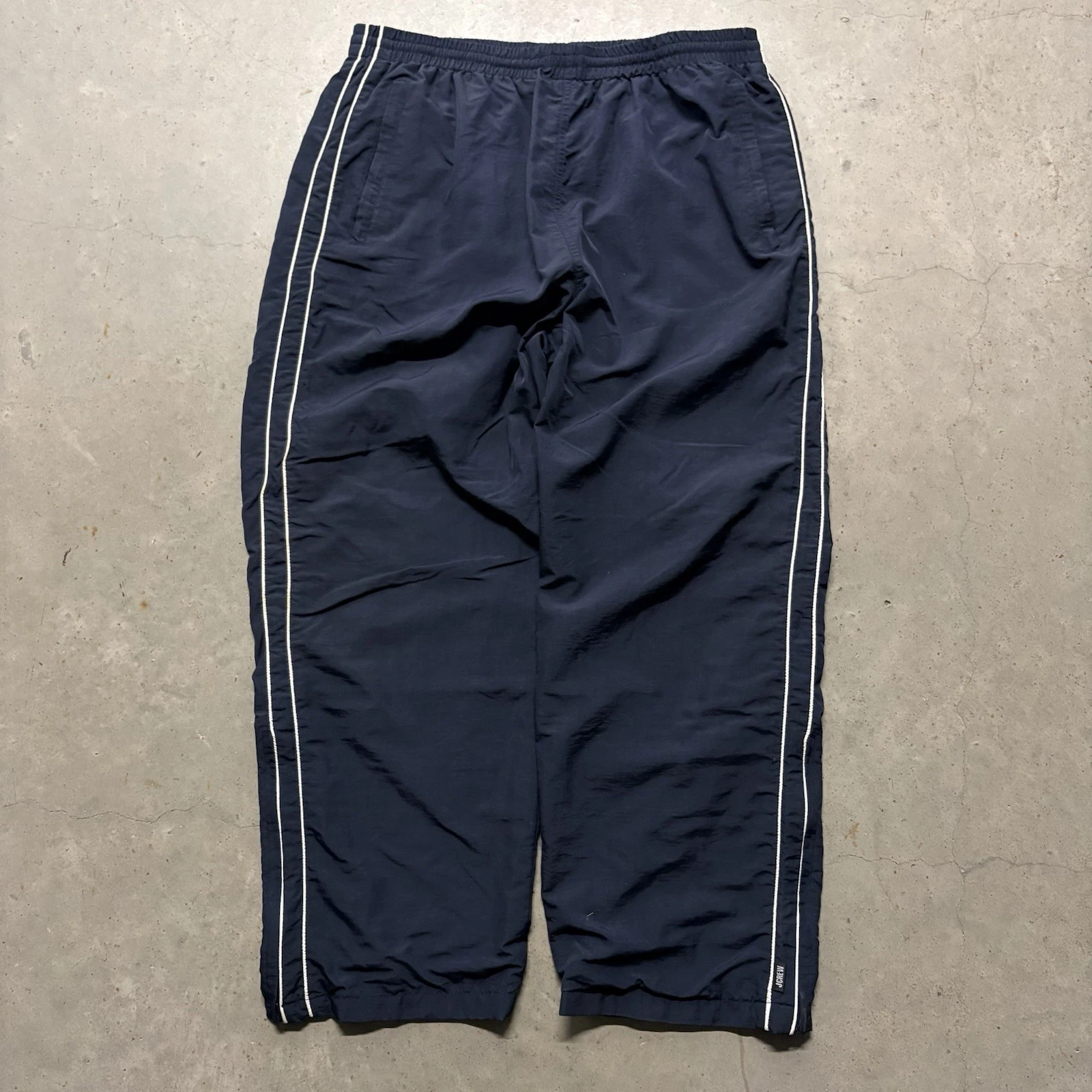 Vintage Y2K J Crew Nylon Lined Swishy Striped Track Pants L Navy Sporty Baggy
