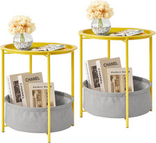 Stylish Round Side Table with Fabric Basket, Waterproof Nightstand - Yellow 2Pcs