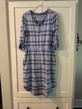 T by Talbots Dress M Blue White Stripe Pockets Drawstring Nautical Modest Length