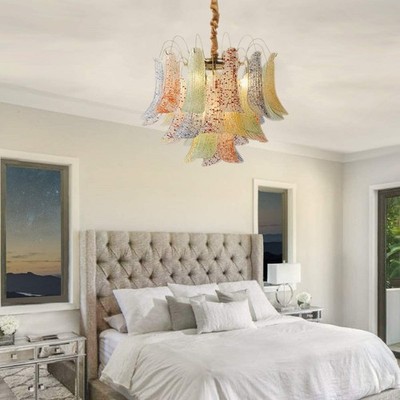 20'' Mid Century Floral Chandelier Light Fixture, Gold Tiered Colorful Glass Lamp