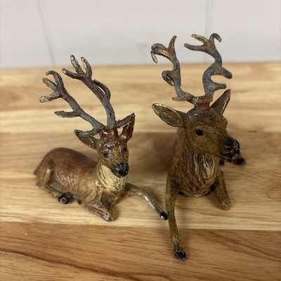Antique Cast Lead Deer Figurines Set Of 2 German Reindeer Christmas Putz Mini
