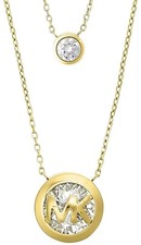 NEW MICHAEL KORS GOLD TONE DOUBLE CHAIN,CRYSTAL,LOGO,CHARM LAYERED NECKLACE