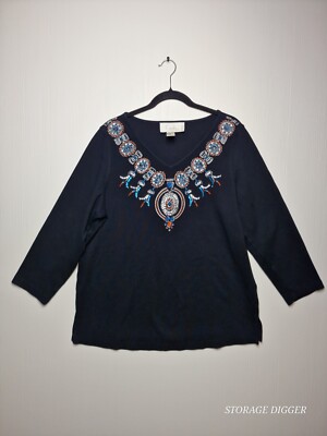 Lighe's Essentials Shirt Women's L Black Cotton Embellished Long Sleeve V-Neck