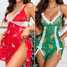 Women Sexy Christmas Lingerie Babydoll Santa Lace Sleepwear Dress Xmas Nighties