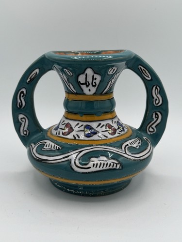 Nabeul Tunisia Vase Enameled Two Handle Colorful North Africa