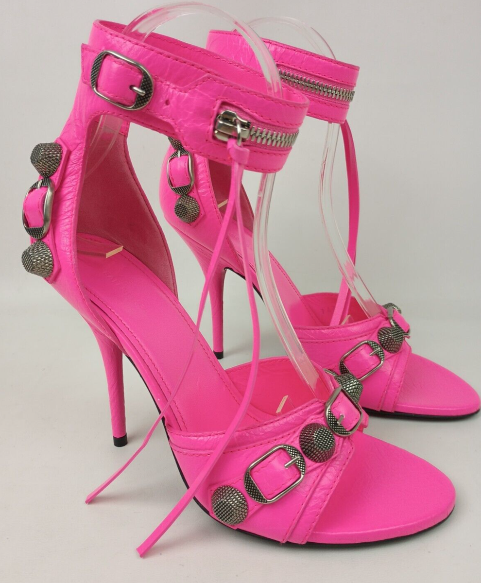 Balenciaga Women's Fluo Pink Cagole Leather Studded Sandals Size
