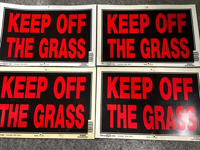 KEEP OFF THE GRASS 8'' x 12'' Plastic Signs - Lot of 4 Black & Red Hillman