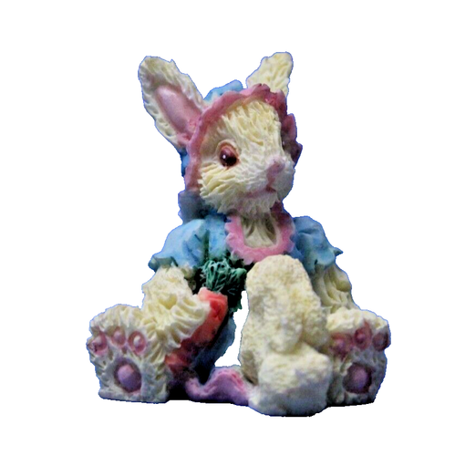 Resin Mama Bunny Rabbit in Dress holding Carrot with Baby Figurine 2.25 in