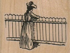 Lady At Fence 2 3/4 x 2" Rubber Stamp, Woman Stamp, Lady Stamp