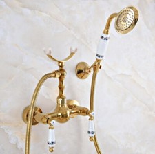 Polished Gold Wall-Mount Bathroom Shower Faucet Mixer Tap W/ Hand Shower Head
