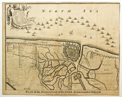 PLAN OF THE INVESTITURE OF OSTEND, BELGIUM Original Antique Battle map 1741