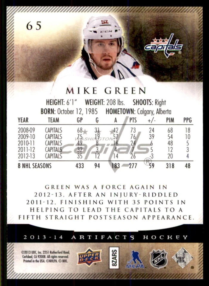 2013-14 Upper Deck Artifacts Mike Green Washington Capitals #65 - Image 2 of 2